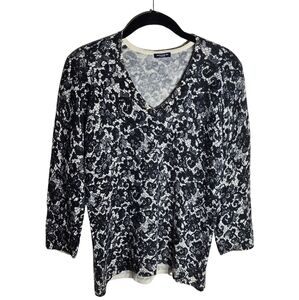 Magaschoni 100% Cashmere Black Lace Print V Neck Sweater 3/4 Sleeve Size L